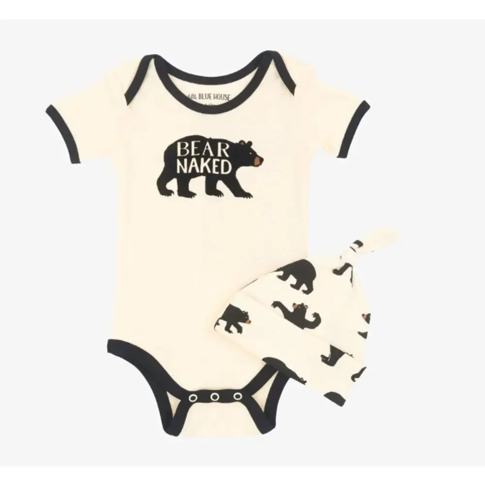 Hatley Little Blue House Black Bear Bodysuit w/ Hat Baby Boy 6-12M Cream Black